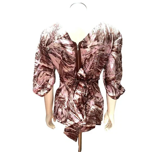 BCBG MaxAzria S Pink Brown Silk Blouse Abstract Print Draped V Neck Designer Top - Picture 5 of 12